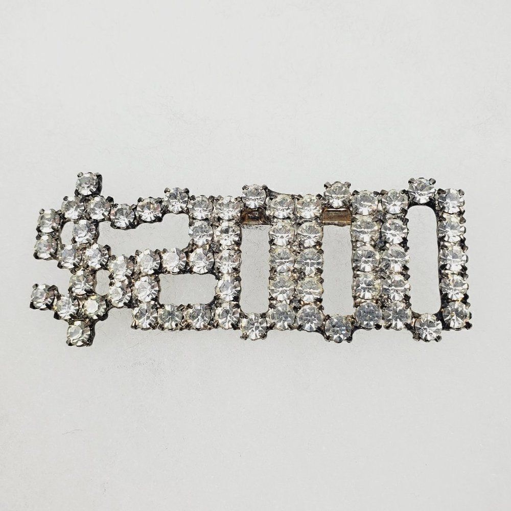 Vtg $ Dollar Sign Year 2000 Y2K Clear Sparkly Crystal Rhinestone Brooch Pin Long